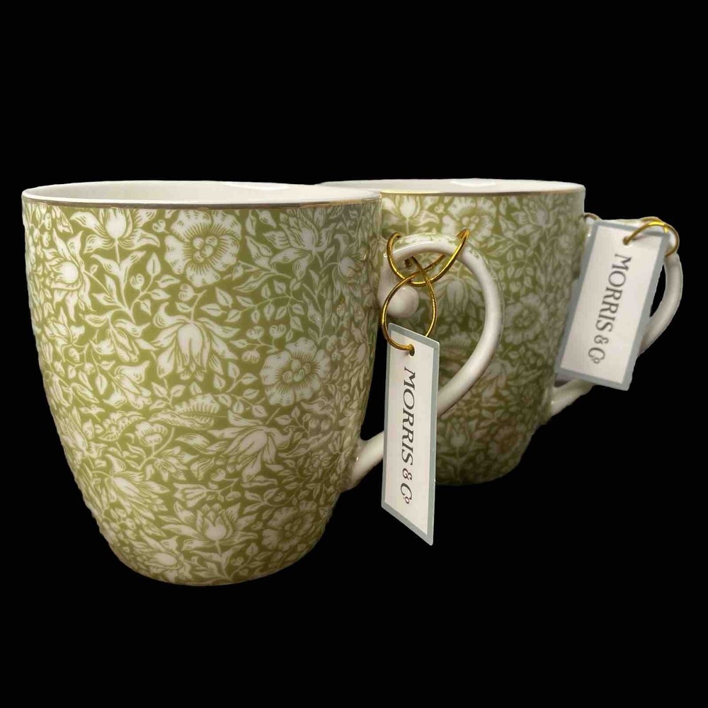 2 Morris & Co. Premium Porcelain GREEN FLORAL Coffee Mugs Fine China NEW